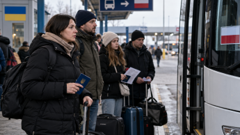 Украинцы ждут автобус в Польшу