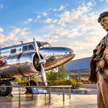 Пам'ятник Амелії Ергарт у Hangar Museum і літак Lockheed Electra 10-E