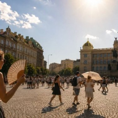 Девушка с веером на площади в Праге